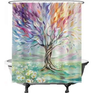 Famanu Duschvorhang Natur Baum Lebensbaum - Waschbar - Lila Gelb Grün Blau - 180 x 200 cm