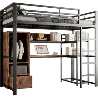 OKWISH Hochbett 140x200 aus Metall mit LED-Beleuchtung, Schreibtisch und Stauraum, modernes Etagenbett mit Regalen und Schubladen Schwarz