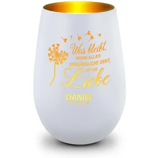 GRAVURZEILE Deko Windlicht aus Glas mit Gravur - was bleibt, wenn Alles Vergängliche geht - Personalisiert - Trauerlicht für Teelichter und Kerzen - Grabschmuck zur Beerdigung - Weiß/Gold