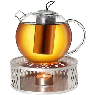 Creano Teekanne aus Glas 1,5l Jumbo + ein Stövchen aus Edelstahl, 3-teilige Glasteekanne mit integriertem Edelstahl Sieb und Glasdeckel, ideal zur Zubereitung von losen Tees, tropffrei
