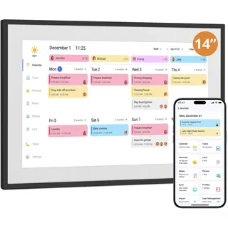 Dragon Touch 14 Zoll Digitaler Kalender Wand - 1920 * 1080 FHD Elektronischer Wandkalender Familienplaner mit 32GB Speicher und Wandhalterung, Touchscreen Intelligenter Tischkalender-Schwarz