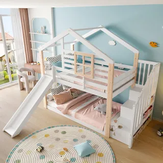 FAVSH Etagenbett 90x200 cm, Hausbett mit Rutsche und Stauraum Treppe, Kinderbett Hochbett mit Lattenrost & Geländer, Stabil & Sicher, Stockbett für Geschwister, Ohne Matratze