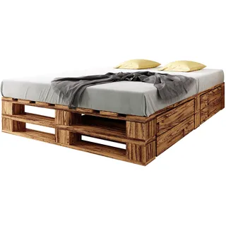 sunnypillow Palettenbett M2 aus Holz 180 x 200 cm mit Lattenrost und 2 Bettkästen. Doppelbett, Familienbett - erhöhtes Ehebett Bettgestell Futonbett Komforthöhe Geflammt Massivholzbett