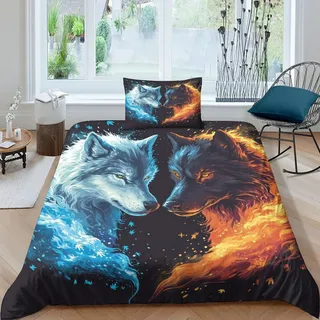 FSYQQASD EIS und Feuer Bettbezug 3D-Druck Wolf Bettwäsche 135x200 cm 2 Teilig,Mikrofaser Mit Kopfkissenbezug,Mit Verborgenem Reißverschluss Für Kinder,Teenager Und Erwachsene