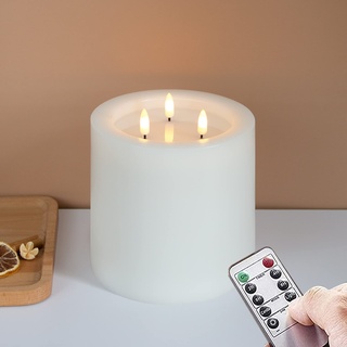Yeelida 3-Docht 15x15cm große flammenlose LED-Kerzen mit Fernbedienung und Timer-Funktion, Weiß batteriebetriebene Säule flackernde Echtwachs-3D-Docht-Kerzen