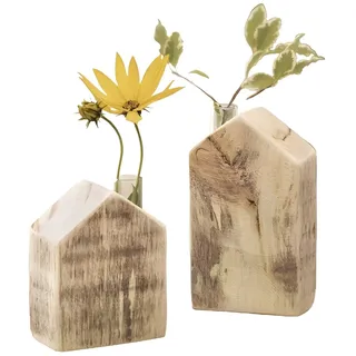 Dekoleidenschaft 2X Vase Häuschen aus Holz, geflammt, mit Reagenzglas für einzelne Blumen, Blumenvase, Reagenzglasständer, Holzhaus mit Glasvase, Deko-Häuschen mit Blumenröhrchen, Tischvase