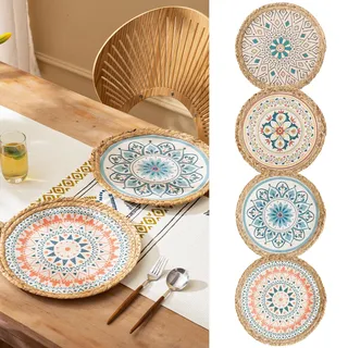 Elistonie 4er Set Boho Runde Tischsets Handgewebte Baumwolle Wasserhyazinthe Platzsets Hitzebeständige Essmatten Vintage Rustikale Tischsets Waschbar Kaffee Bar Mat Tischdekoration für Party Bankett