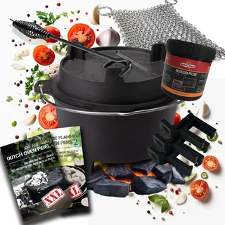 Grillfürst Dutch Oven BBQ DO 6 (ca. 6 Liter) - mit 35cm Deckelheber, Abstandshalter, Ringreiniger, Pflegepaste + 2x Dutch Oven Fibel XXL