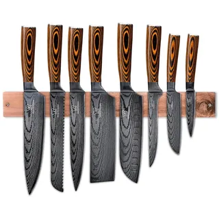 KÜCHENKOMPANE – Edelstahl Messerset Akarui mit magnetischer Messerleiste als Messerblock | 8-teilig Küchenmesser Set im Damast Design | Kochmesser mit ergonomischen Epoxid-Griff | Designed in Germany