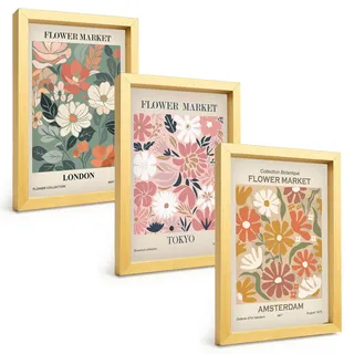 BILDER SET 3er Set - 20x30 cm Goldrahmen - Blumenmuster London Tokio Amsterdam
