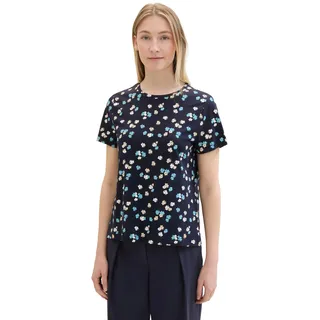 TOM TAILOR Damen Basic T-Shirt mit Print, navy offwhite flower design, XXL