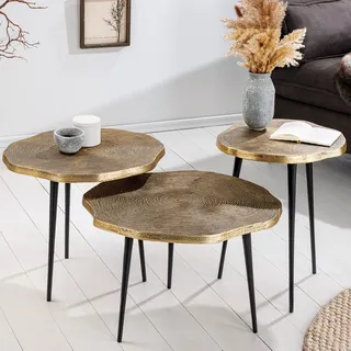 3er Set Beistelltische ORGANIC 60/50/40cm antik messing Metall rund Baumstamm