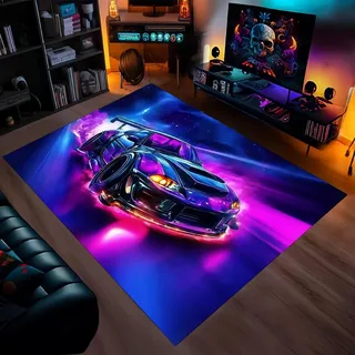Gaming Teppich Jugendzimmer Jungen, 3d Cooler City-Neon Anime Rennwagen Kinder Teppich, Jungs Gamer, Weicher Flanellstoff, Für Heimdekoration, Schlafzimmer, Kinderzimmer, Wohnheim (Farbe 5,140x200cm)