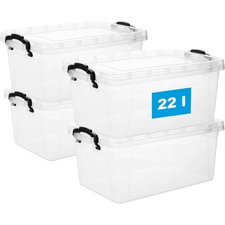 Centi Aufbewahrungsbox Stapelbare Plastikbox 22 Liter aus lebensmittelechtem Kunststoff (4er Set Boxen mit Deckl), transparent – Ideal für Küche & Haushalt weiß
