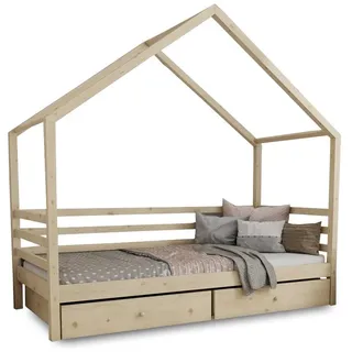 Deine Möbel 24 Hausbett Kinderbett Einzelbett COMET mit Schubladen Weiß Grau Kiefer (aus Vollholz Kiefernholz Stabil Schubkästen Matratze optional), 80x160 80x180 90x190 90x200 120x200 140x200 beige