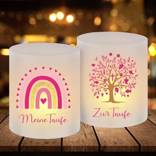 Windlicht Tischdeko Taufe,12 Stück Rosa Kommunion Tischlichter,Lichthülle Taufe Konfirmation,Regenbogen Teelicht,Erstkommunion Teelicht Kerzen Dekoration für Mädchen und Junge