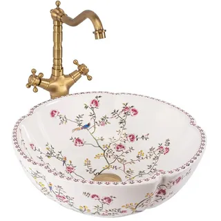 wohnwerk.idee Aufsatzwaschbecken Florales Aufsatzwaschbecken, Vintage Design, Weiß mit Blumenmotiv weiß