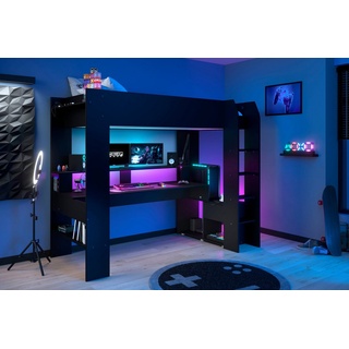 Parisot Hochbett Gaming-Bett, mit USB, LED, Stauraum, Schreibtisch schwarz