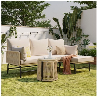 Merax Gartenlounge-Set für 4 Personen, mit Stahlrahmen und Tisch, (3-tlg), Gartenmöbel set Polytattan und Seil Geflecht, Rope Lounge Möbel beige