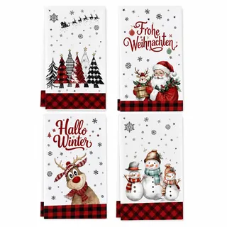 Geschirrtücher Weihnachten, 4er Set Mit Rentier Und Wintermotiven | Weihnachtsdeko Küche, 4 Bedruckte Tücher Für Geschirr, Arbeitsfläche Und Festliche Küchendekoration