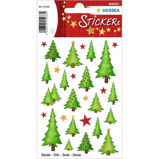 HERMA 15233 Aufkleber Weihnachtsbaum klein groß, 28 Stück, Weihnachten Sticker aus Seide Stoff mit Sterne Tannebaum Motiv, Kinder Etiketten für Weihnachtsdeko Geschenke Adventskalender Winter Basteln