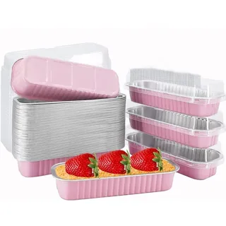 OUKEYI 50 Stück Einweg-Backformen Mit Deckel, 192,8 g 16,5 x 6,3 x 3 cm Aluminium, Mini-Kuchenformen, Rechteckige Muffinformen, Mini-Brownie-Backformen (Rosa)