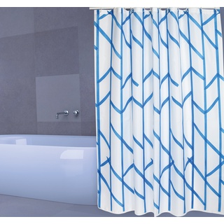 MSV Cotexsa by Premium Anti-Schimmel Textil Duschvorhang - Anti-Bakteriell, waschbar, 100% wasserdicht, mit 12 Duschvorhangringen - Polyester, „Tree“ Weiß, Blau 180x200cm – Made in Spain