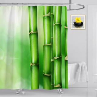 OCEUMACO Duschvorhang Natur Bambus 180x180 3D Grün Pflanzen Motiv Spa Shower Curtains Textil Antischimmel Wasserdicht Duschvorhänge Badewanne Stoff Polyester Waschbar Lang Vorhang mit Ringe