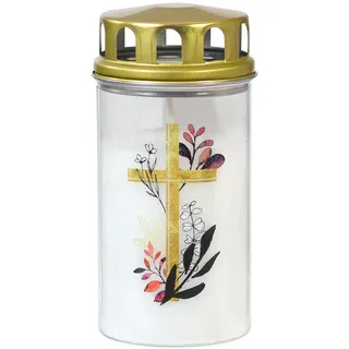 Grabkerze Ewiglicht Grablicht klein mit Deckel, Motiv "Goldkreuz", Jeka