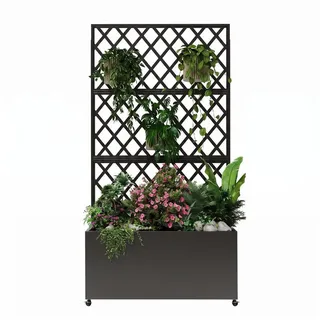 GarveeMore Hochbeet Pflanzbeet aus Eisen mit Rankgitter, Rollen, Bewässerungslöchern, für Balkon & Terrasse & Garten, 90×180 cm, schwarz schwarz