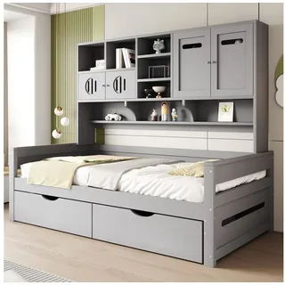 Odikalo Schlafsofa Schlafcouch Bettgestell mit Bettkästen oder Schubladen, 90x200, Holzsofa-Bett 90 x 200 cm, multifunktionaler Stauraum, große Schublade, Einzelbett, Jugendbett, Lattenrost, grau (Ohne Matratze), für Kinder, mit Ablageböden und Bettkasten oder Schubladen grau