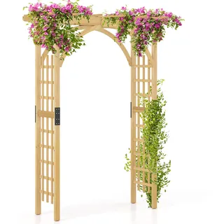 HOMASIS Gartenbogen Holz, Rosenbogen für Rosen & Kletterpflanzen, Rankhilfe für Hochzeit Garten Partys, Rankgitter Spalier Torbogen Rosengitter Pflanzenstütze mit Dach (Natur, 160 x 60 x 216 cm)
