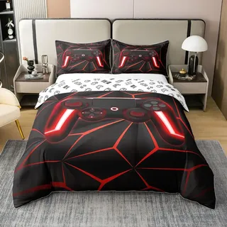 Gamer 100% Baumwolle Bettbezug für Kinder Jungen Jugend Spiel Controller Bettwäsche Set 155x220 Gaming Geschenke Tröster Bezug Rot Schwarz Geometrische Linien Bett Sets Reversible mit 1 Kissenbezug