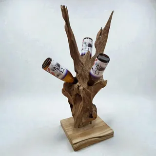 Kinaree Teak Wurzelholz Flaschenständer – Handgefertigtes Holz Weinregal – Natur Deko Skulptur – Unikat Flaschenhalter 75–85 cm – Massives Root Wood Display (L)