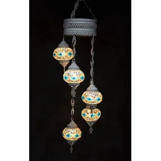 Hanglampe multicolor blau silber Glas Mosaik 5 Kugeln Türkisch Orientalisch Cremeweiß Marokkanische Deckenleuchte - Blau/Silber/Weiß