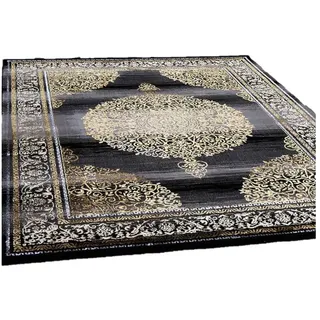 Vimoda Orientteppich Designer Wohnzimmerteppich Spezielles Design, Rechteckig, Elegant,Orientalisch, Glanz,in Grau, Gold schwarz 80 cm x 150 cm