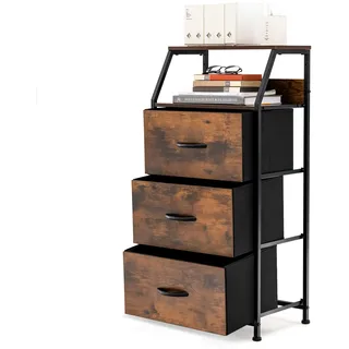 HOMASIS Aufbewahrungsschrank mit 3 Schubladen & 2 Ablagen, Nachttisch aus Holz & Metall, Beistellschrank für Wohnzimmer, Schlafzimmer, Kommode Schrank in industriales Design, 45 x 29,5 x 92 cm, Braun