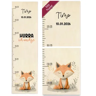 Shirtracer Messlatte Kinder personalisiert Hurra ich wachse Fuchs | Holz, 120 - 180 cm, Wald, Schlau, Größe, Dekoration, Geschenk, Messleiste, Wand-Deko