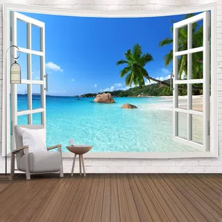 Mesnt Wandteppich Moderne Kunst, Mee Strand Palme Natur Landschaft Wandteppiche Dekoration für Wohnzimmer Schlafzimmer (Blau Weiß, 150x150cm)