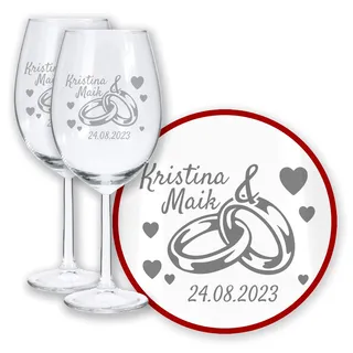 LALALO Hochzeitsgläser mit Gravur, 2er Weinglas-Set 58cl, personalisiert mit Namen & Datum Wunschtext, Lasergravur, Hochzeitsgeschenk für Brautpaar, Hochzeitstag Jahrestag Jubiläum