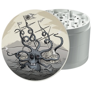 GRINDNATION Premium Grinder Crusher Art Series 'OCTOPUS' | silber | groß 63mm | Aluminium | Set inkl. Schaber, Pinsel und Bag