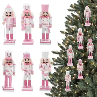 Nussknacker-Ornamente aus Holz, 13 cm, Rosa, 6 Stück, Weihnachtsbaumschmuck, hängende Ornamente, Mini-Figuren