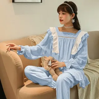 Pyjama,Damen-Pyjama-Sets Hellblaue Baumwolle Quadratischer Kragen Spitze Gekräuselt Lockerer Saum Kawaii Kuschelig Warm Langarm Pjs Top & Unterteile Set Lounge Wear Nachtwäsche Weiche Faultier NA