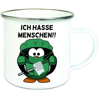 CreaLuxe Emaille Tasse " Ich hasse Menschen - Pinguin mit Maske " - Kaffeetasse mit Motiv, Campingtasse, bedruckte Emailletasse mit Wunschtext