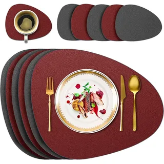 6er Set Tischsets Abwaschbar, Platzset Leder Rund Doppelseitigen rutschfest Platzdeckchen Abwischbar Kunstleder Platzsets (Rot)