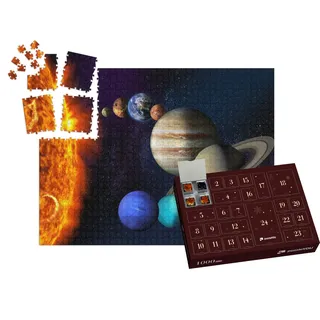 puzzleYOU: Puzzle-Adventskalender | „Sonne und die Planeten unseres Sonnensystems vor einem sternenklaren Hintergrund“ – aus der Puzzle-Kollektion Weltraum, Universum