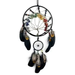 7 Chakren Schwarzer Lebensbaum Traumfänger Wanddekoration mit Regenbogen Heilung Kristall Stein Handgemachte Kunst Feder Traumfänger Wand hängende Ornament für Schlafzimmer Dekor Segen Geschenk