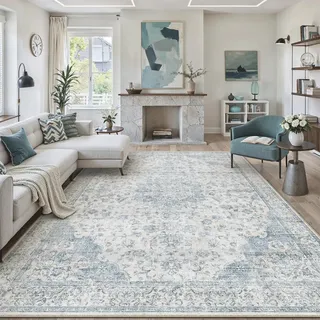 PureCozy Vintage Teppich Wohnzimmer 200x300cm Blau Waschbarer rutschfest | Waschbar Wohnzimmerteppich,Teppiche Schlafzimmer,Büro Esszimmer Carpet,Groß Kurzflor Innen Tepich