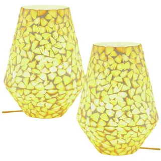 Marrakesch Orient & Mediterran Interior Nachttischlampe 2er Set Boho Tischlampe Fikus Motiv 2 handgefertigt aus Glas-Mosaik, Handarbeit gelb