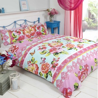 Homespace Direct Sanaa Doppelbett Bettbezug Bettwäsche & 2 Kissenbezüge Set, Bunte Blumen und Schmetterlinge